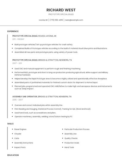 Prototype Special Build Resume