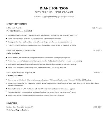 Provider Enrollment Specialist Resume