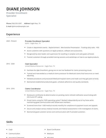 Provider Enrollment Specialist Resume