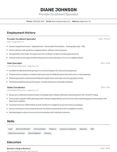 Provider Enrollment Specialist Resume
