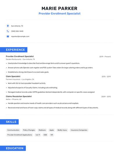 Provider Enrollment Specialist Resume