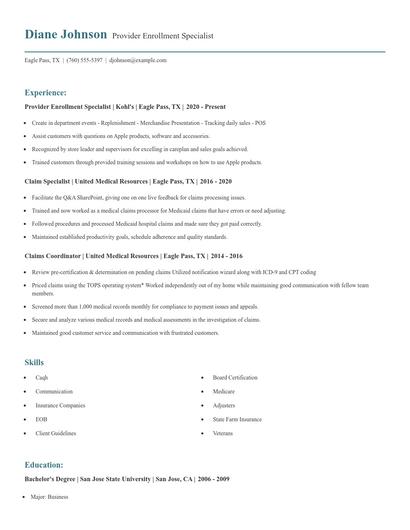 Provider Enrollment Specialist Resume