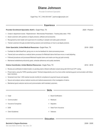 Provider Enrollment Specialist Resume