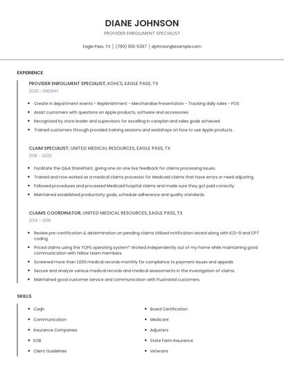Provider Enrollment Specialist Resume