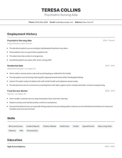 Psychiatric Nursing Aide Resume