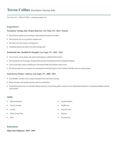 Psychiatric Nursing Aide Resume