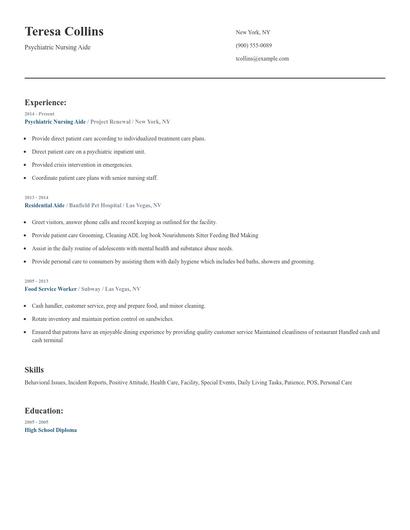 Psychiatric Nursing Aide Resume