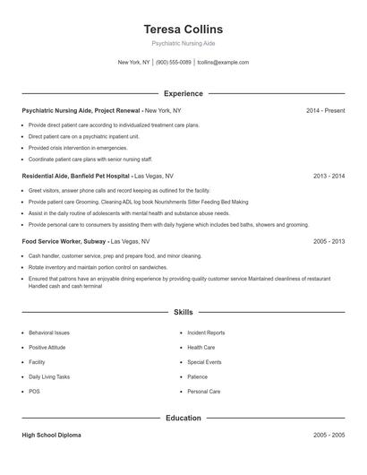 Psychiatric Nursing Aide Resume