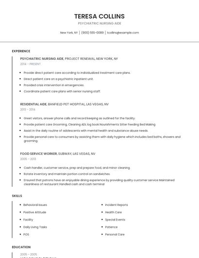 Psychiatric Nursing Aide Resume