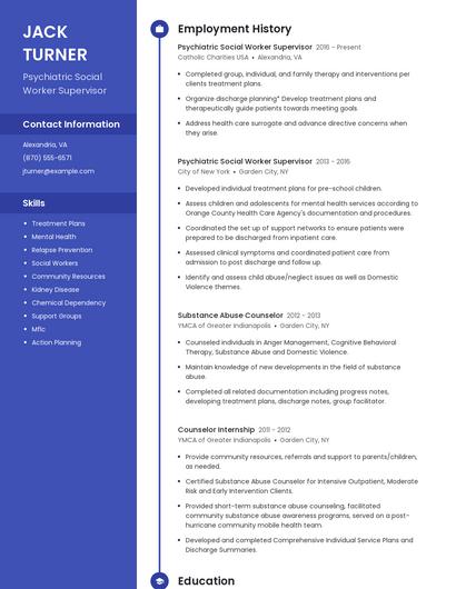 Psychiatric Social Worker Supervisor Resume