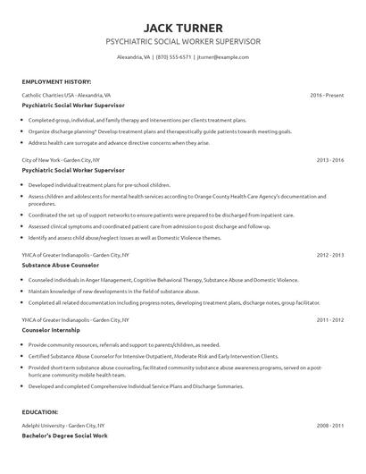 Psychiatric Social Worker Supervisor Resume