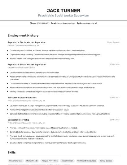 Psychiatric Social Worker Supervisor Resume