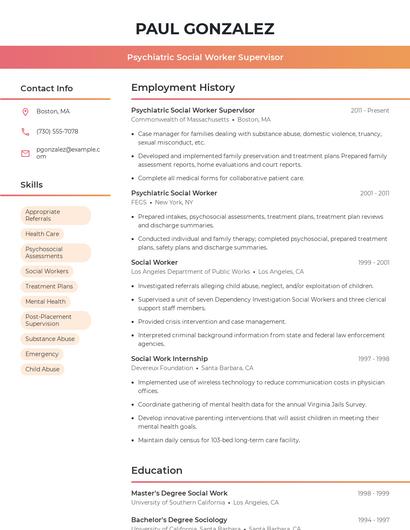 Psychiatric Social Worker Supervisor Resume