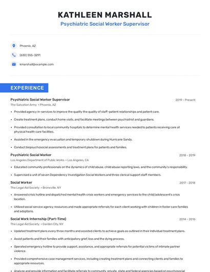 Psychiatric Social Worker Supervisor Resume