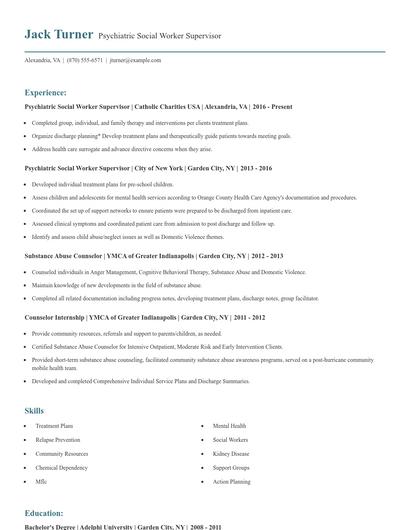 Psychiatric Social Worker Supervisor Resume