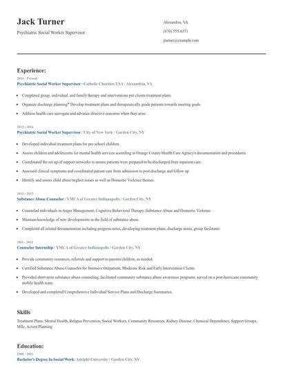 Psychiatric Social Worker Supervisor Resume