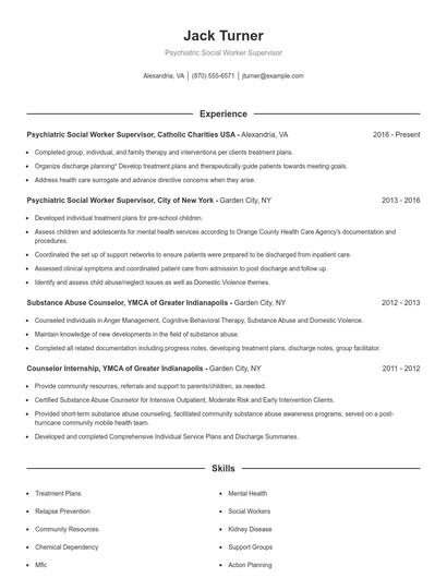 Psychiatric Social Worker Supervisor Resume