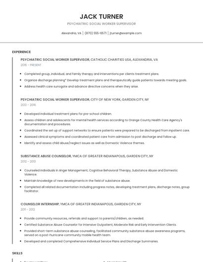 Psychiatric Social Worker Supervisor Resume