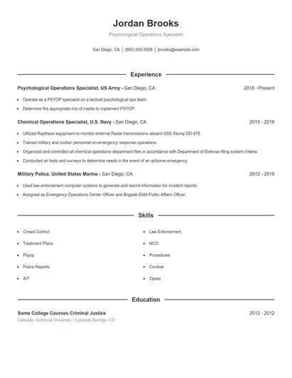 Psychological Operations Specialist Resume