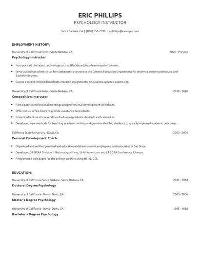 Psychology Instructor Resume