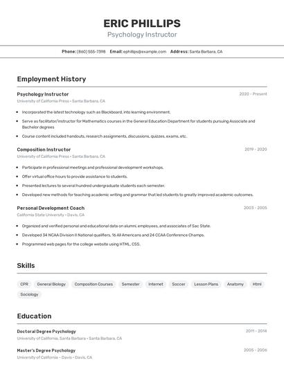 Psychology Instructor Resume