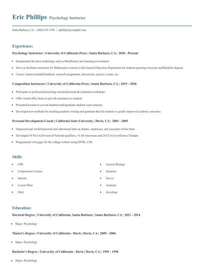 Psychology Instructor Resume