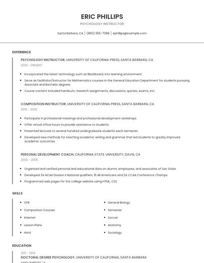 Psychology Instructor Resume