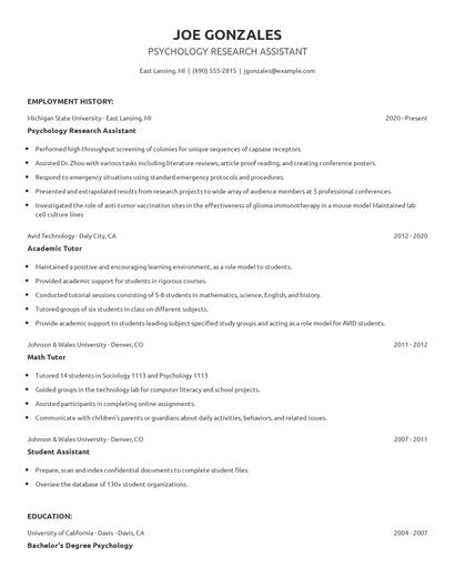 Psychology Research Assistant Resume