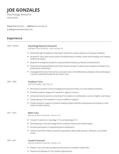 Psychology Research Assistant Resume