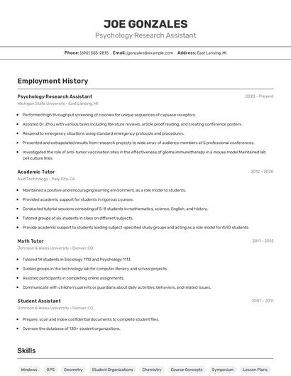 Psychology Research Assistant Resume
