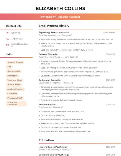 Psychology Research Assistant Resume