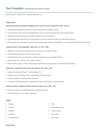 Psychology Research Assistant Resume