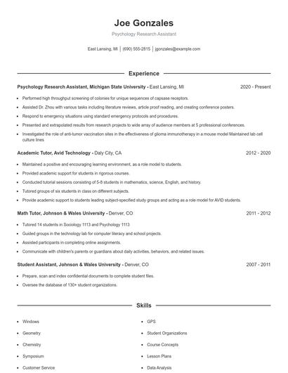 Psychology Research Assistant Resume