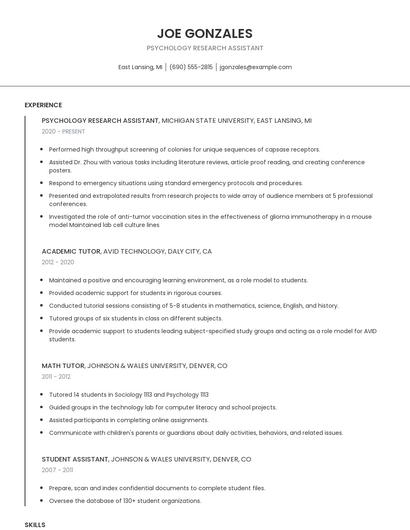 Psychology Research Assistant Resume