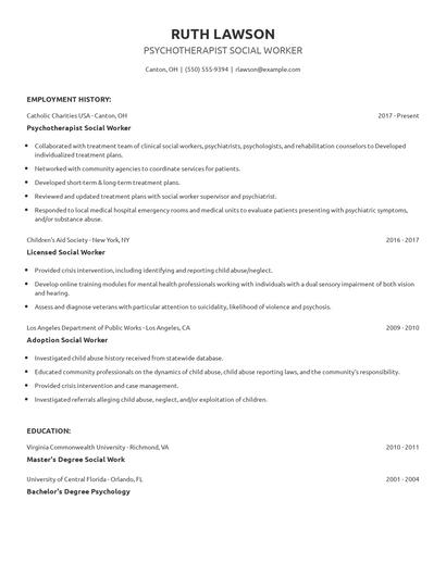 Psychotherapist Social Worker Resume