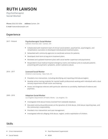 Psychotherapist Social Worker Resume
