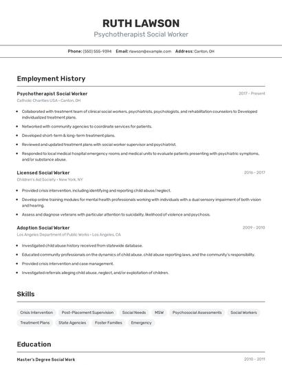 Psychotherapist Social Worker Resume