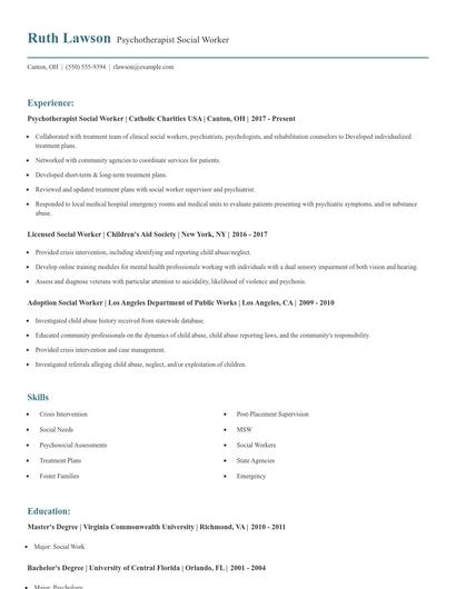Psychotherapist Social Worker Resume