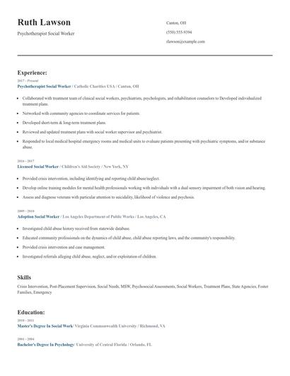 Psychotherapist Social Worker Resume