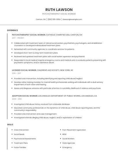 Psychotherapist Social Worker Resume