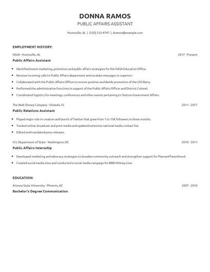 Public Affairs Assistant Resume