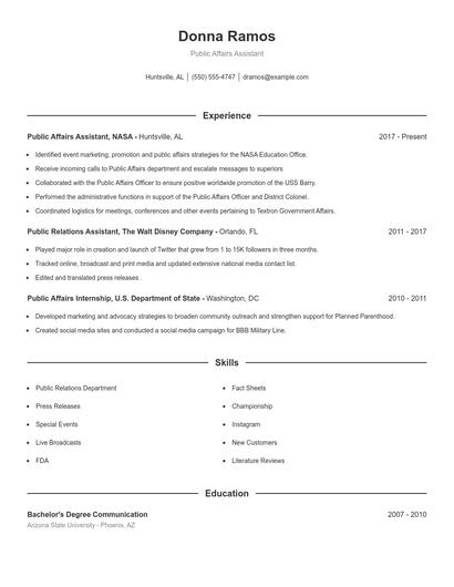 Public Affairs Assistant Resume