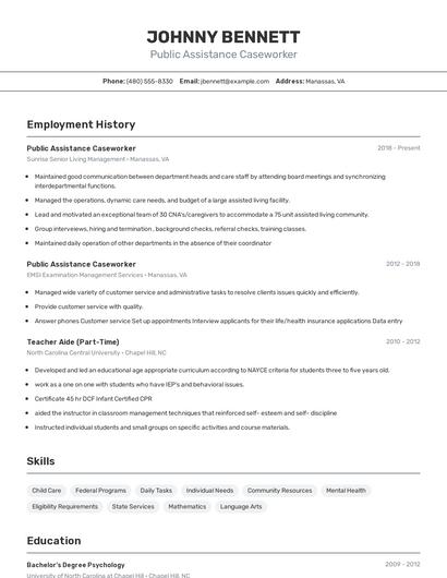 Public Assistance Caseworker Resume