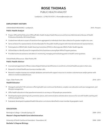 Public Health Analyst Resume