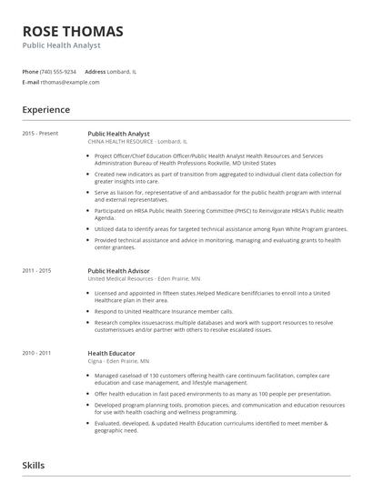 Public Health Analyst Resume