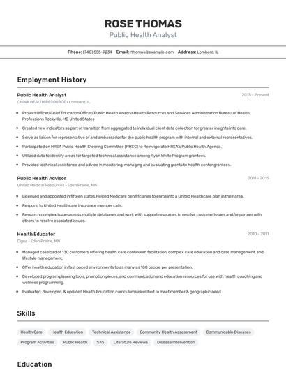Public Health Analyst Resume