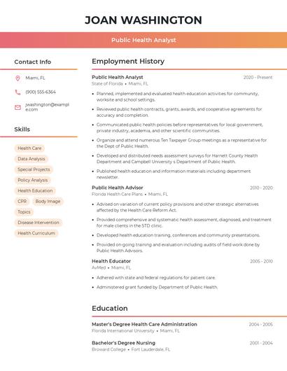 Public Health Analyst Resume