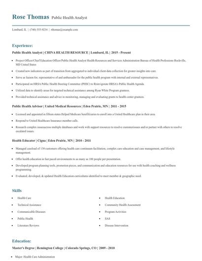 Public Health Analyst Resume
