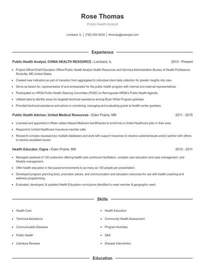 Public Health Analyst Resume