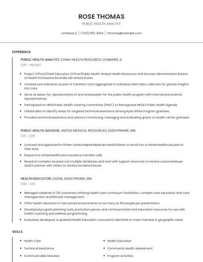 Public Health Analyst Resume